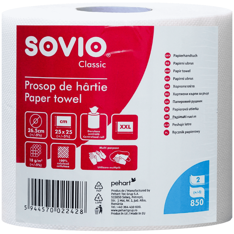 Rola prosop hartie 2 straturi 850 foi derulare centrala, Sovio Classic