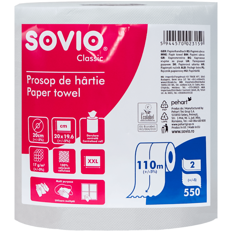 Rola prosop hartie 2 straturi alba pentru curatare 550 foi Sovio