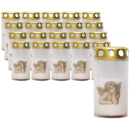 Set 20 candele albe 25 ore cu capac metalic pentru cimitir model ingeras 100 g Zniczplast