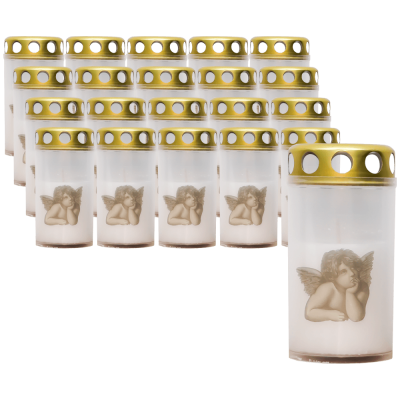 Set 20 candele albe 25 ore cu capac metalic pentru cimitir model ingeras 100 g Zniczplast