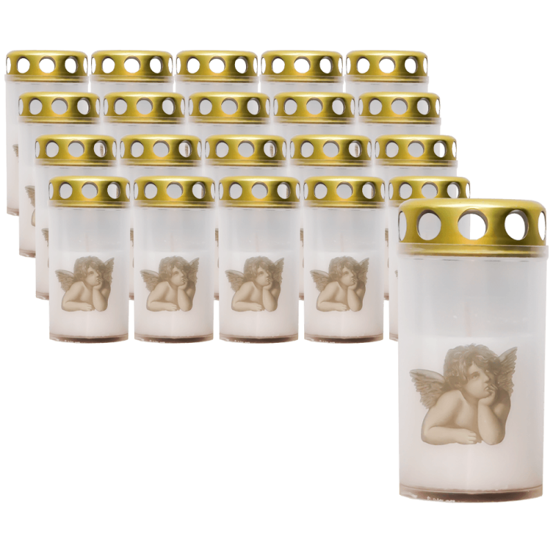 Set 20 candele albe 25 ore cu capac metalic pentru cimitir model ingeras 100 g Zniczplast