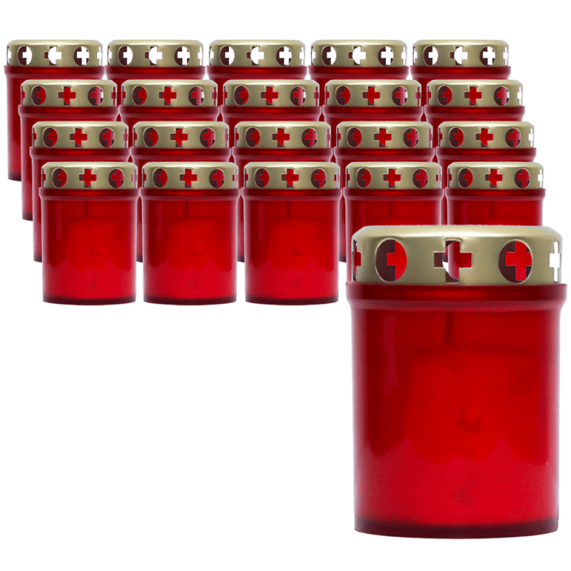 Set 20 candele rosii 20 ore cu capac metalic pentru cimitir 80 g K1-100 Zniczplast