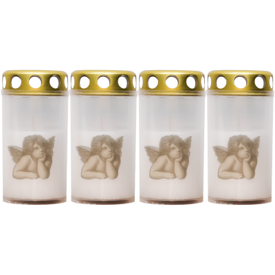 Set 4 candele albe 25 ore cu capac metalic pentru cimitir model inger 100 g Zniczplast