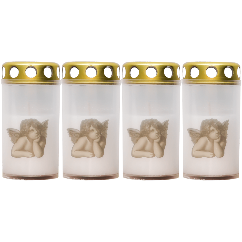 Set 4 candele albe 25 ore cu capac metalic pentru cimitir model inger 100 g Zniczplast