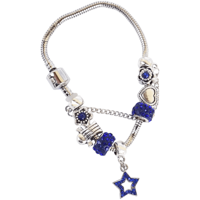 Bratara argintie cu talismane albastre de diverse forme, 6.5 CM