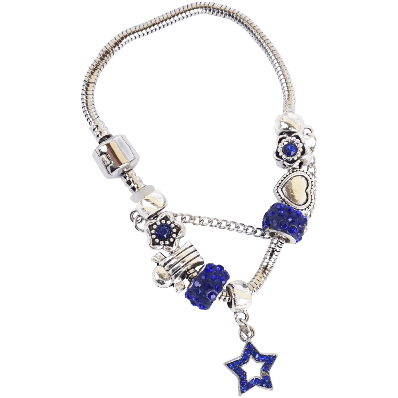 Bratara argintie cu talismane albastre de diverse forme, 6.5 CM