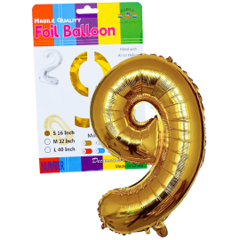 Balon aniversar din folie metalizata Gold, cifra 9, 40 CM, galben