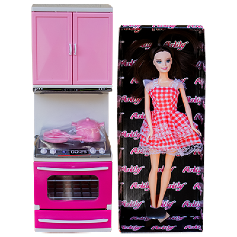 Set papusa 27 CM cu accesorii, bucatarie cu aragaz, cuptor, vase pentru gatit si spatii de depozitare, roz