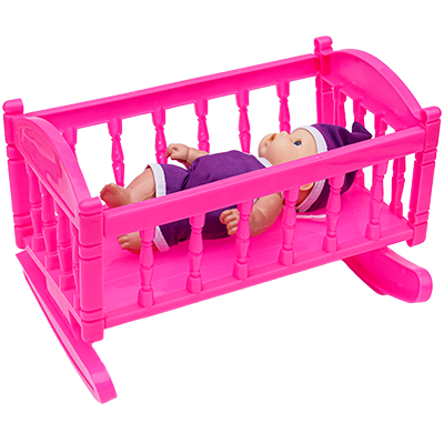 Set patut de jucarie, roz, din plastic si bebelus imbracat 20 CM