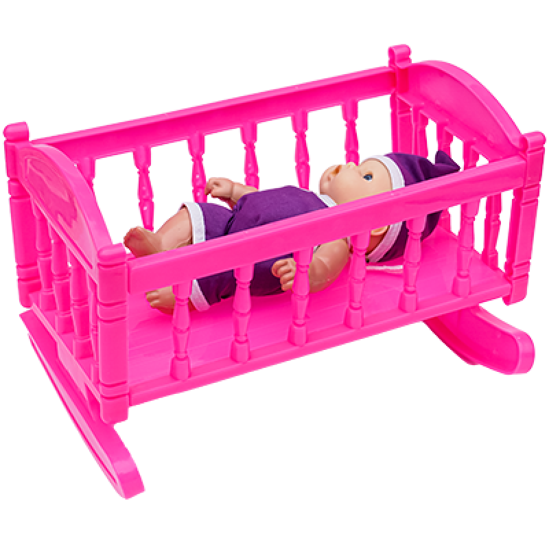 Set patut de jucarie, roz, din plastic si bebelus imbracat 20 CM