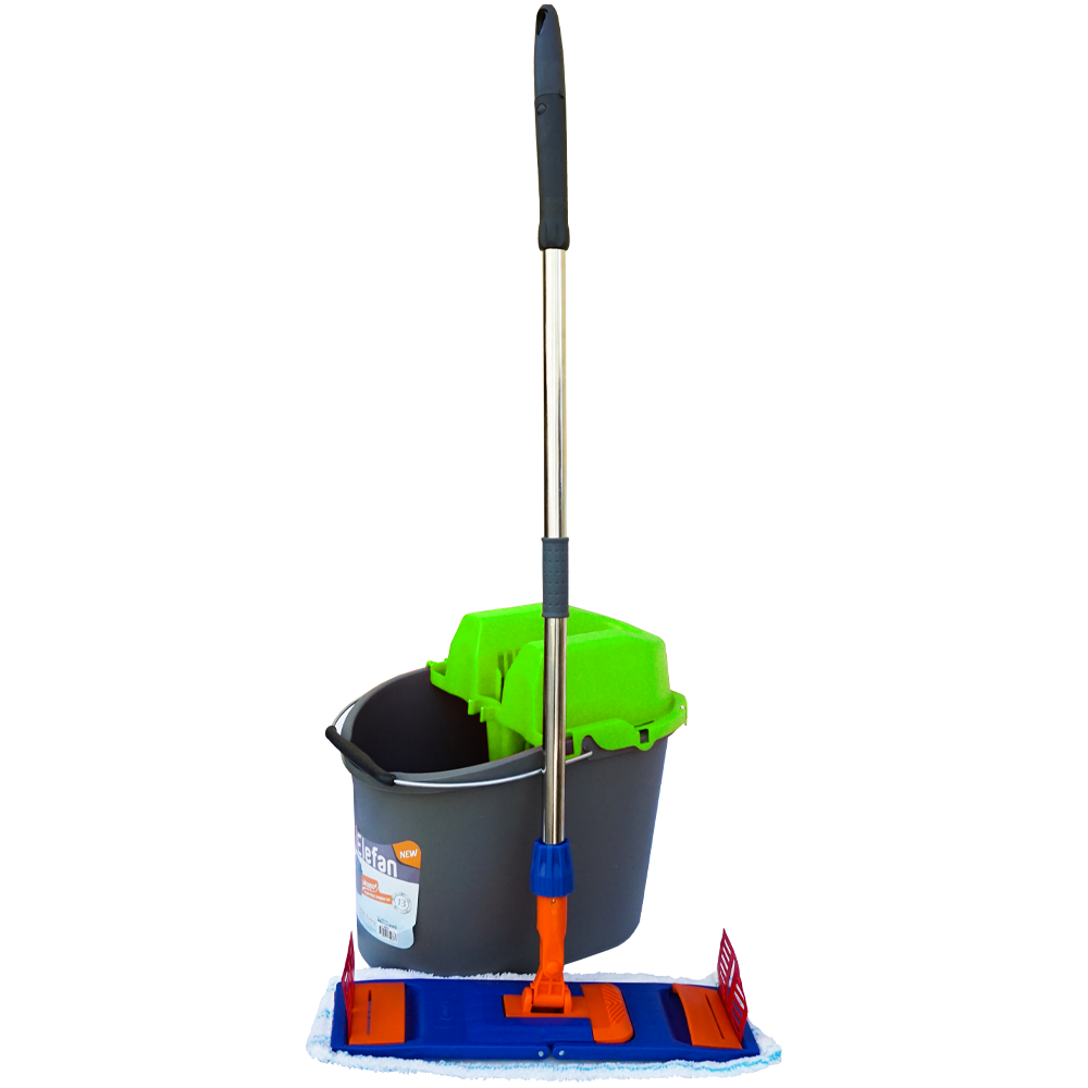 Set de curatenie, Elefant, galeata cu centrifuga verde din plastic, maner telescopic si mop plat