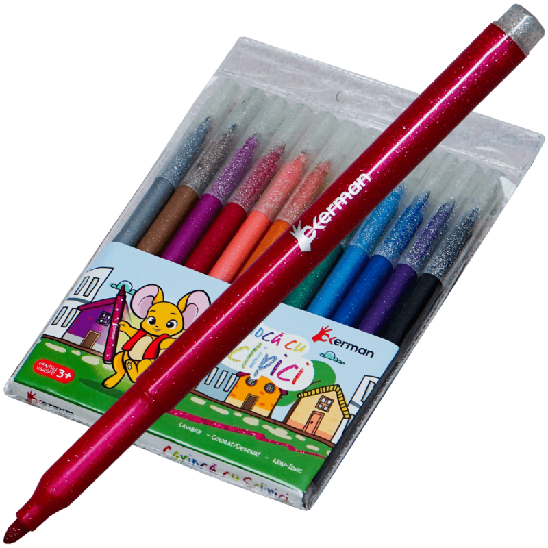 Set 12 carioci cu sclipici colorate pentru desen si creatie, Soricelul Chitibus
