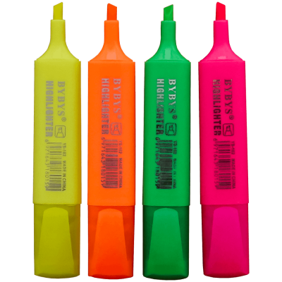 Set 4 textmarkere fluorescente cu varf tesit, Bybys