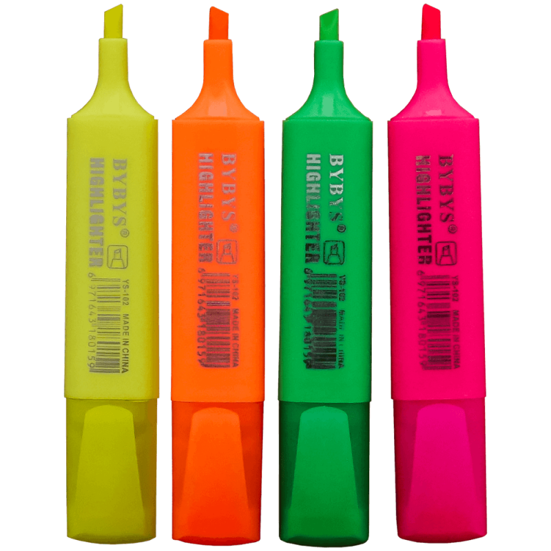 Set 4 textmarkere fluorescente cu varf tesit, Bybys