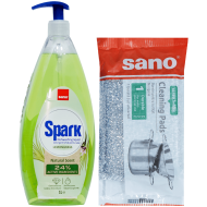 Pachet Sano Spark Lemongrass 1L 24% detergent vase cu burete inox pentru degresare intensa bucatarie