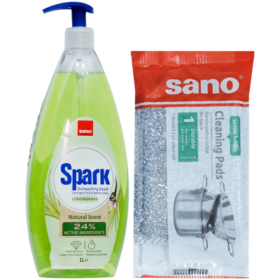 Pachet Sano Spark Lemongrass 1L 24% detergent vase cu burete inox pentru degresare intensa bucatarie