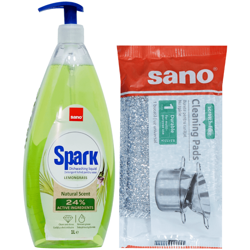 Pachet Sano Spark Lemongrass 1L 24% detergent vase cu burete inox pentru degresare intensa bucatarie