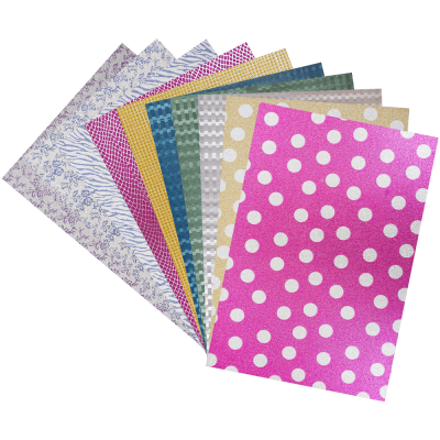 Hartie gumata glitter cu sclipici, neadeziva, 20x29.5 cm, 10 culori si modele diverse, 10 coli/set
