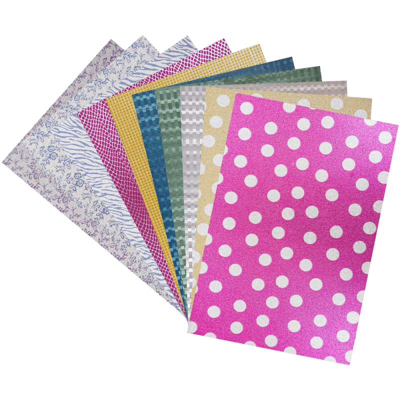 Hartie gumata glitter cu sclipici, neadeziva, 20x29.5 cm, 10 culori si modele diverse, 10 coli/set