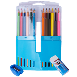 Set creioane colorate cu ascutitoare si radiera 12 buc