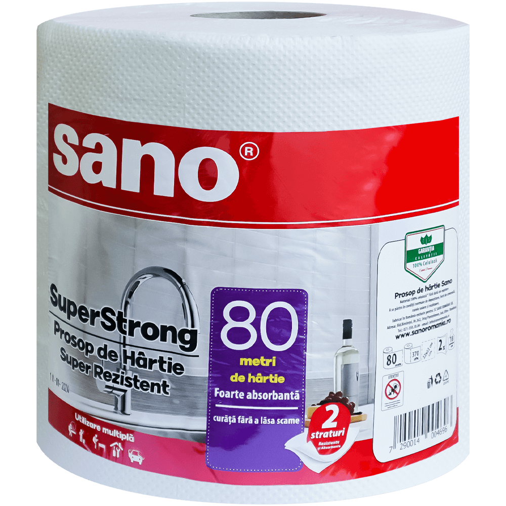 Prosop tip rola, din hartie, absorbanta si rezistenta, Sano Super Strong 80 M, 22x22 CM