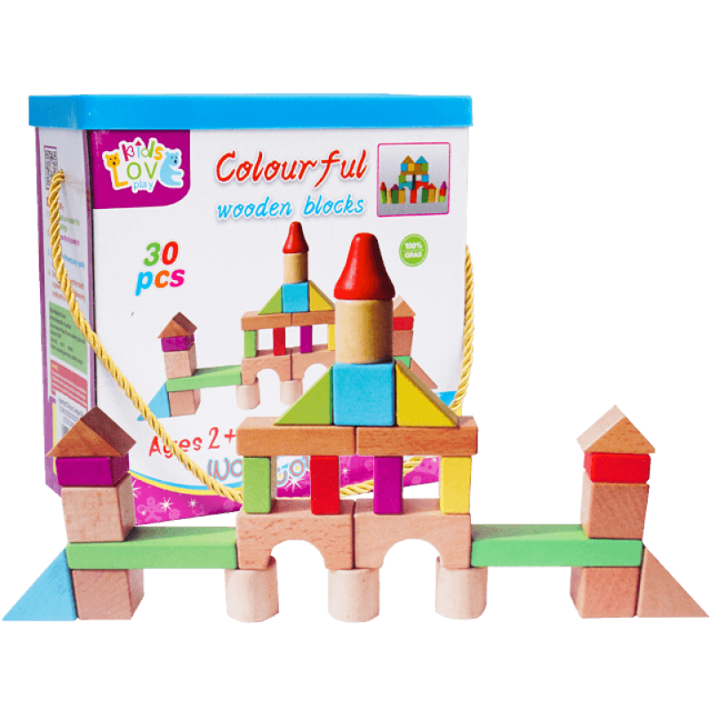 Set 30 cuburi lemn copii Montessori forme colorate constructie 2+ ani Adison