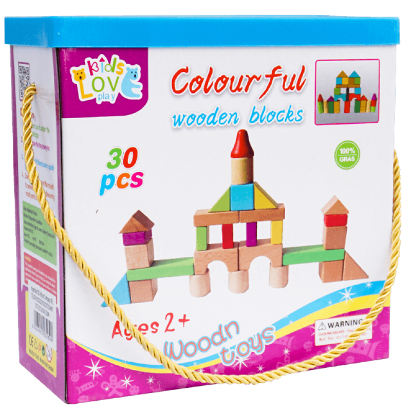 Set 30 cuburi lemn copii Montessori forme colorate constructie 2+ ani Adison
