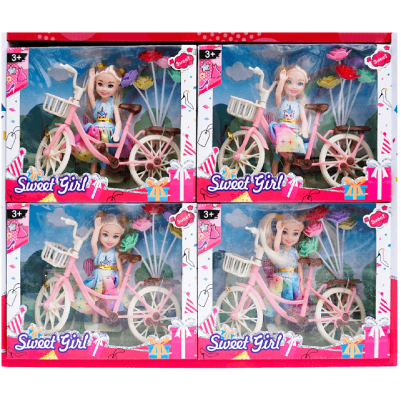 Set de joaca papusa cu bicicleta si flori
