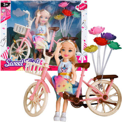 Set de joaca papusa cu bicicleta si flori
