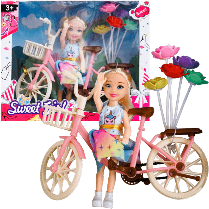 Set de joaca papusa cu bicicleta si flori