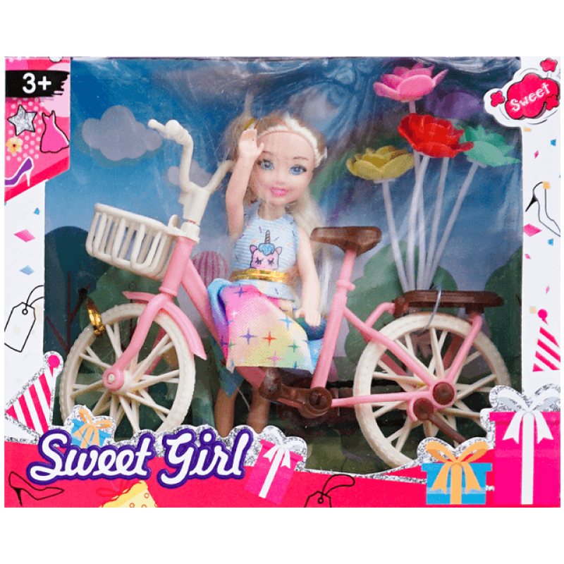 Set de joaca papusa cu bicicleta si flori