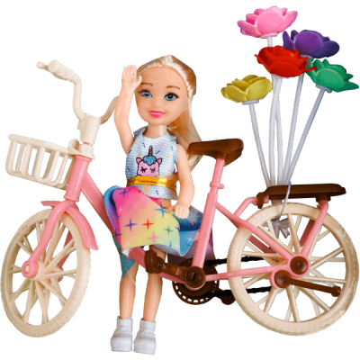Set de joaca papusa cu bicicleta si flori