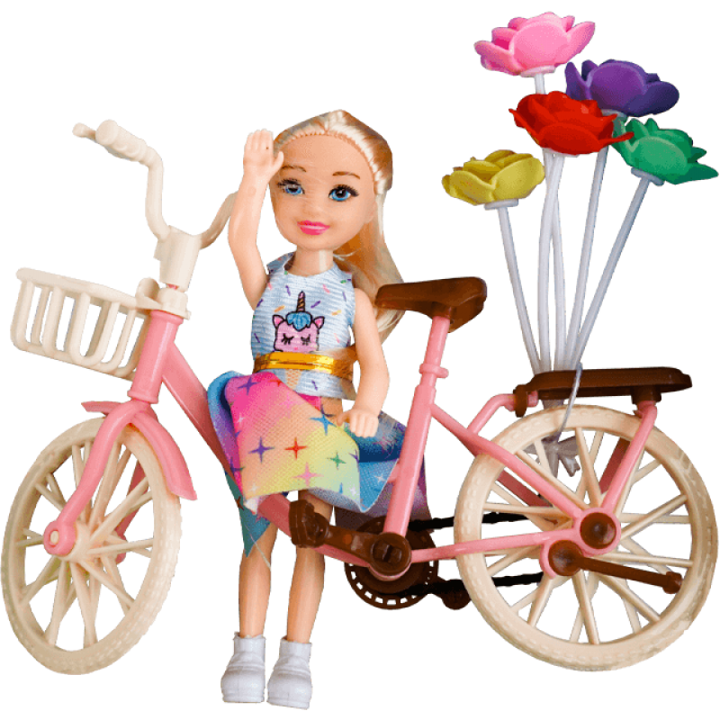 Set de joaca papusa cu bicicleta si flori