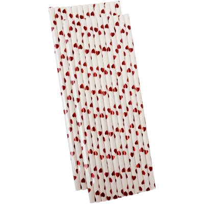 Set 25 de paie din carton, unica folosinta, cu model inimioare imprimate, 19.7 CM