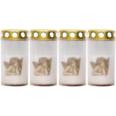 Set 4 candele albe 25 ore cu capac metalic pentru cimitir model inger 100 g Zniczplast