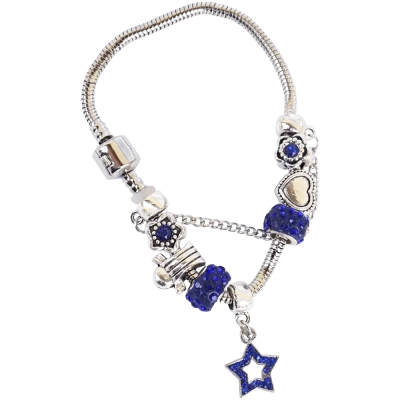 Bratara argintie cu talismane albastre de diverse forme, 6.5 CM