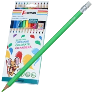 Creioane colorate 12 buc cu radiera pentru copii Soricelul Chitibus