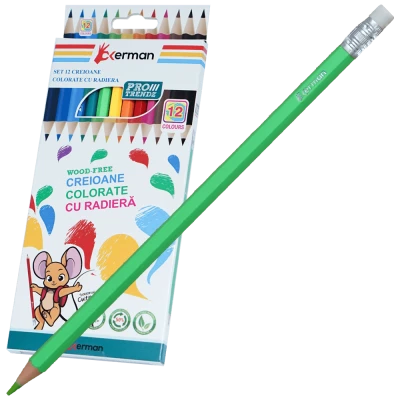 Creioane colorate 12 buc cu radiera pentru copii Soricelul Chitibus