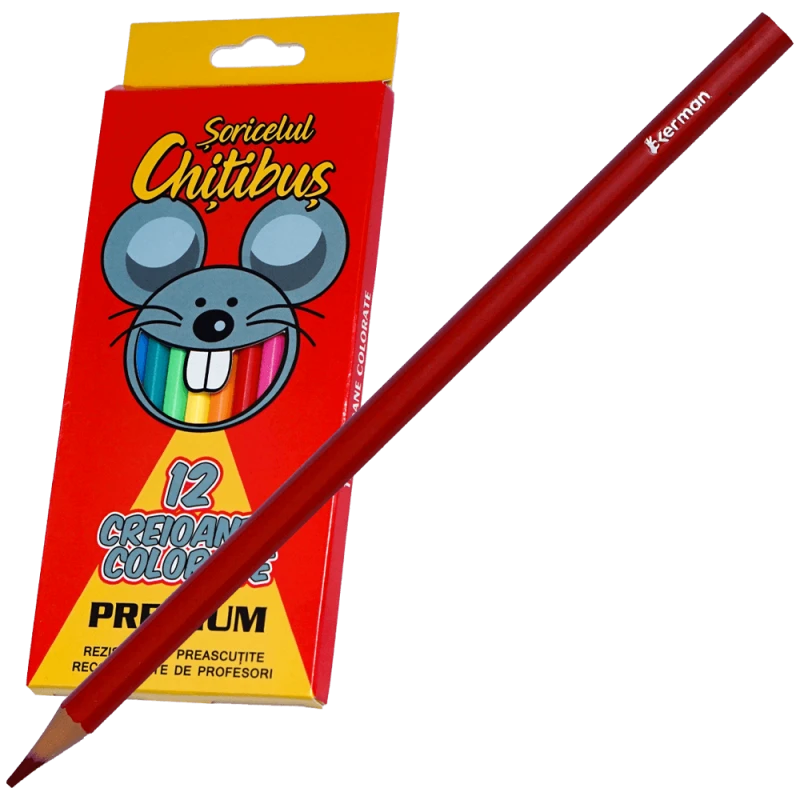 Creioane colorate 12 buc preascutite Premium, Soricelul Chitibus