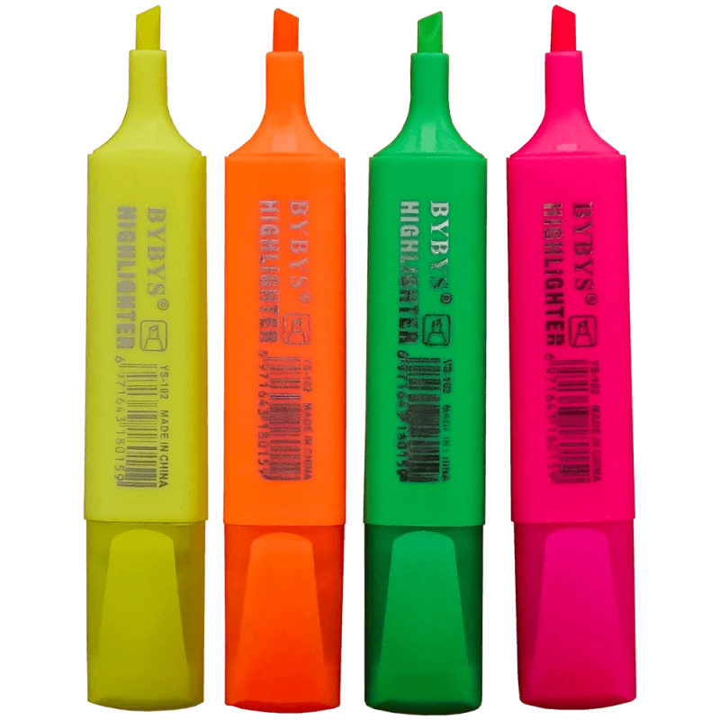 Set 4 textmarkere fluorescente cu varf tesit, Bybys