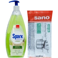 Pachet Sano Spark Lemongrass 1L 24% detergent vase cu burete inox pentru degresare intensa bucatarie