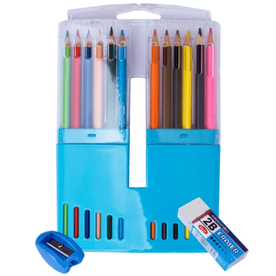 Set creioane colorate cu ascutitoare si radiera 12 buc