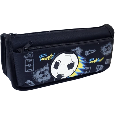 Penar scolar, 2 fermoare, neechipat, model fotbal, negru, 21x10x5 cm