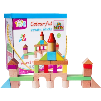 Set 30 cuburi lemn copii Montessori forme colorate constructie 2+ ani Adison